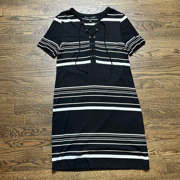 White House Black Market Dress Womens Small Black White Striped Lace Up T Shirt - Picture 1 of 10